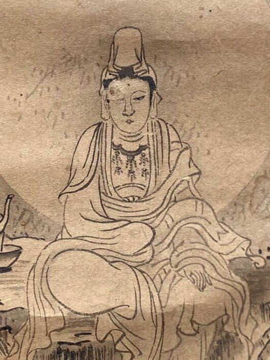 日本江戶時代畫家【祐川信親】【觀音菩薩像】水墨掛軸畫茶掛佛畫年代