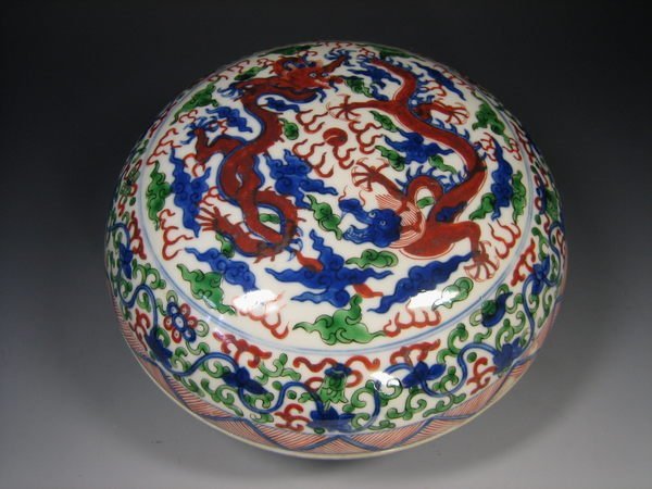 木易楊古董文物】清朝‧康熙青花五彩雙龍搶珠紋蓋盒.台灣僅此一件.限面