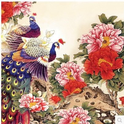 幸運星】孔雀牡丹風水畫絲綢畫卷軸畫國畫辦公室居家客廳裝飾畫送禮60