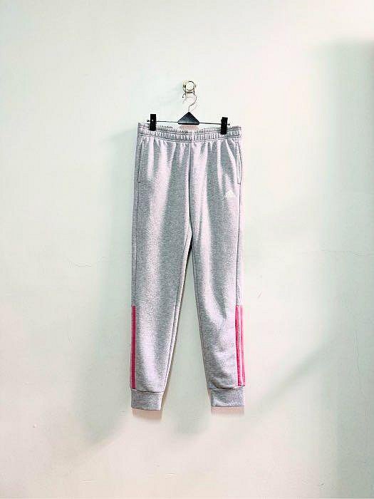 adidas 灰色品牌粉紅線條裝飾彈性腰圍棉質長褲 / L / R123