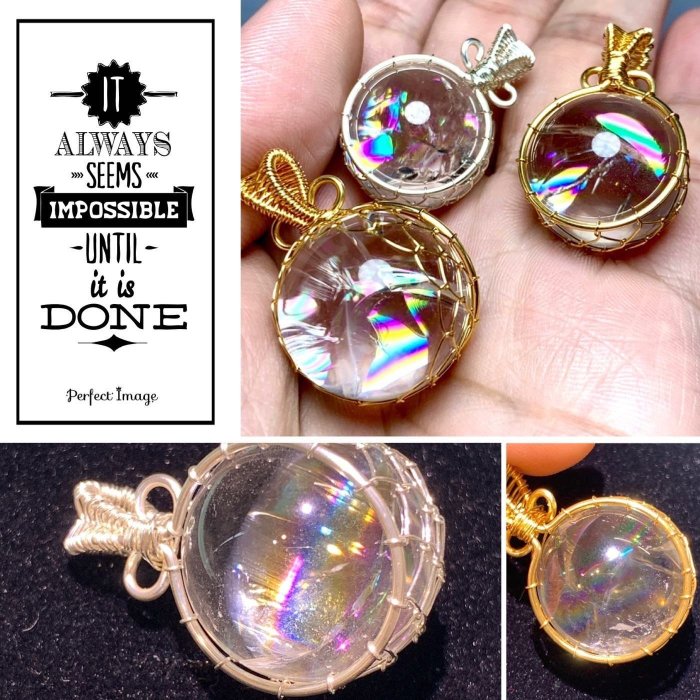 天然寶石（可轉動）14K金手工繞線阿賽斯特萊球彩虹光白水晶激光球(14K