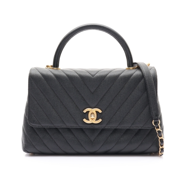 CHANEL 香奈兒 黑色 山形紋牛皮 Coco Handle Flap 兩用包 無卡 【二手名牌BRAND OFF】