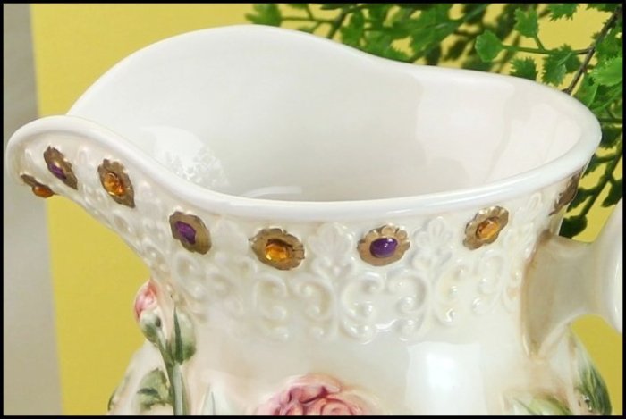 浪漫玫瑰花公主風水壺陶瓷花器手工彩繪仿蕾絲花邊花瓶澆花器水壺花盆