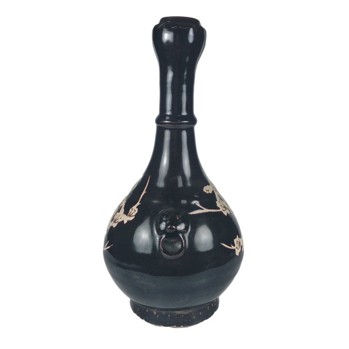 宋吉州窯黒釉彫花蒜頭瓶  景徳鎮 陶磁器 装飾品 工芸品 美術品 置物 宋吉州窯黒釉彫花蒜頭瓶 景徳鎮 陶磁器 装飾品 工芸