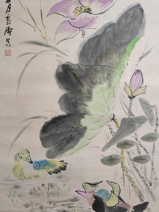 編號HH1317 三尺中堂永興手繪王雪濤花鳥一物一圖，實物拍攝材質:宣紙