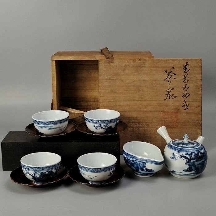 篩月庵竹泉制日本平安時代三浦竹泉造清水燒染付茶具原箱保存橫手公道杯