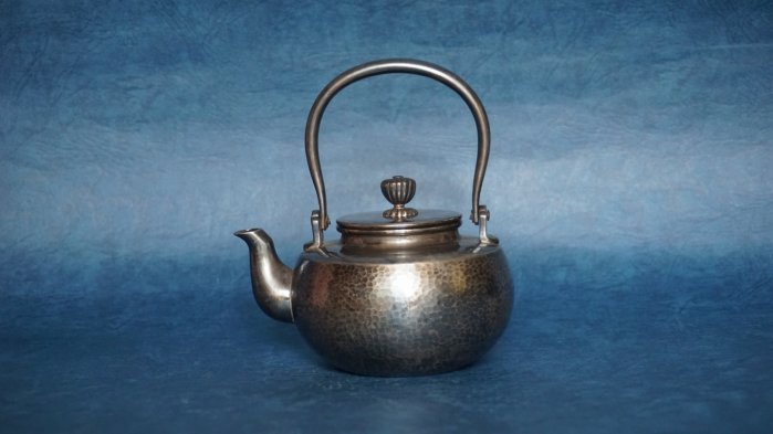 純銀製 渦紋 锥目打 湯沸 銀瓶 煎茶道具 純銀湯沸的