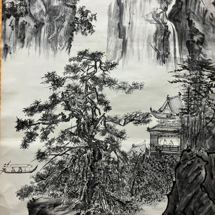 瑞云四尺大幅山水畫中堂《松山溪閣圖》國畫書法古玩字畫紙本綾裱畫心