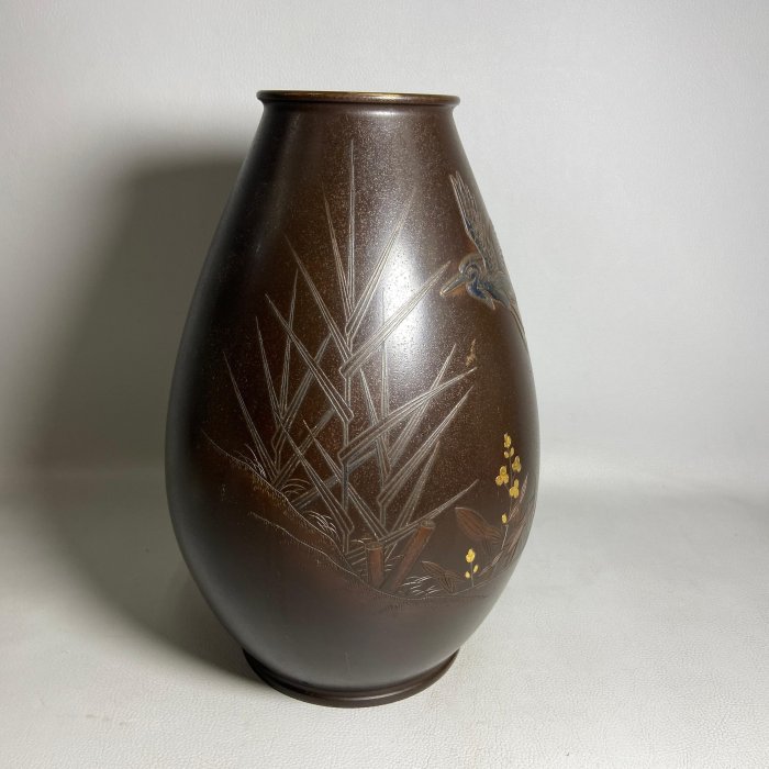 <高野紫山 作> 高岡銅器　鋳銅花瓶　花器　インテリア 古玩輕鬆拍】日本高岡銅器名金工匠高野紫山作銅製象嵌銀鶴草金花花鳥彫