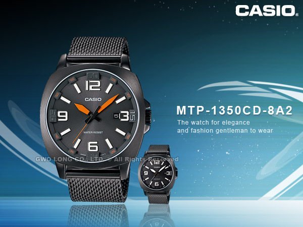 CASIO 手錶專賣店國隆MTP-1350CD 時尚鐵灰網帶酒桶造型男錶_白/橘_一年