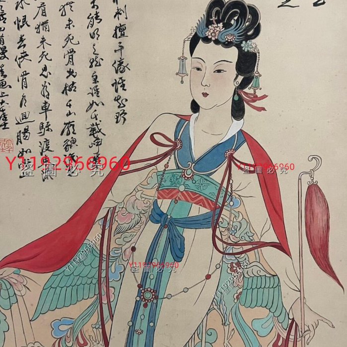 張大千人物畫卷軸裝裱，品相幾乎全新，保存很好。畫心尺寸99✖️45