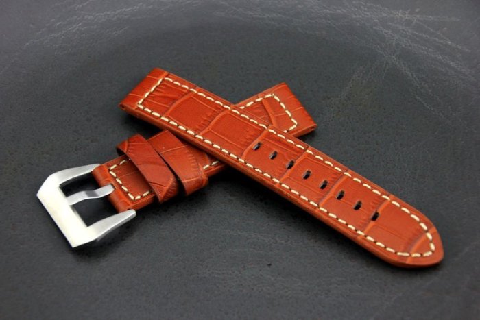 艾曼達精品~20mm直身hamilton飛行軍錶風格白縫線鱷魚皮紋真皮錶帶seiko citizen pil