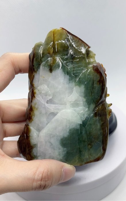 狐狸小舖～天然緬甸翡翠A貨三彩人物山水擺件立體雙面雕雕工精讚巧色巧