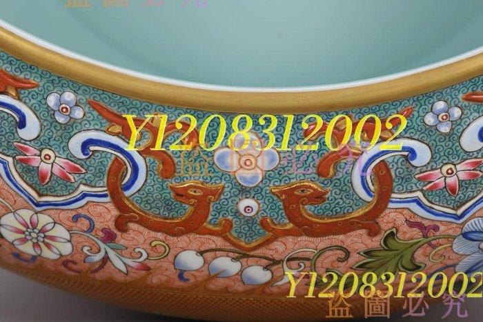 可議價！清乾隆，琺瑯彩描金雙龍戲珠紋圈口洗，高36厘米，口徑瓷器老瓷