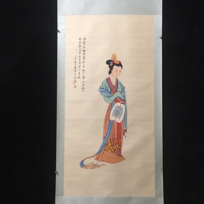 編號TR36四尺中堂畫，張大千的仕女圖，純手工繪畫，實物拍攝一物一圖