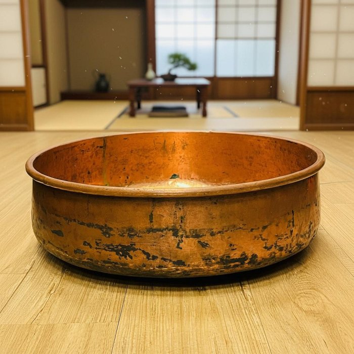 レア！！！！！ビンテージ 水盤（木枠、銅板）木製花器、水盤 木枠 銅板 5/13結標日本手作大型銅水盤鎚目老銅綠圓盆器物CEE0074 --搜索用水盤