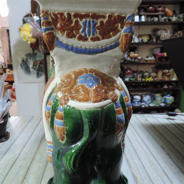花台　唐三彩　象 早期收藏~老件中國風唐三彩手繪綠釉彩陶瓷器大象方型花台平穩腳