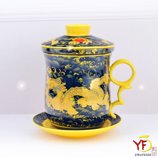 【堯峰陶瓷】祥龍茶具 釉金皇帝龍瓷同心杯 | 皆附陶瓷濾杯 | 單入組(禮盒裝)
