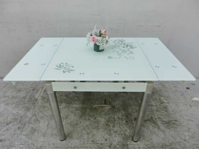 新竹二手家具◎百豐悅2手家具-二手 餐桌椅 80公分方形伸縮餐桌 玻璃餐桌 水藍玻璃餐桌 桃園二手傢俱 後龍2手家具