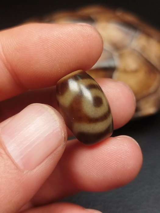 中国古美術・藏區回流・紅肉蓮花三眼天珠・文殊菩薩・天然石・瑪瑙・闢邪消災・根付 嚴選藏傳蓮花三眼天珠，瑪瑙原料，尺寸19.3X13，皮殻