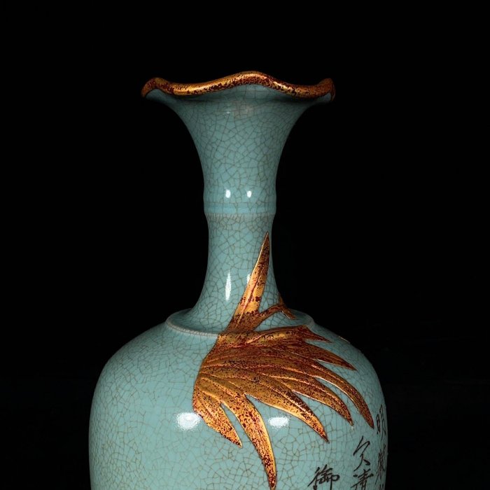 宋汝窯包口銘文鑲金花花口瓶，高27直徑13cm，400462 瓷器官窯汝窯【古