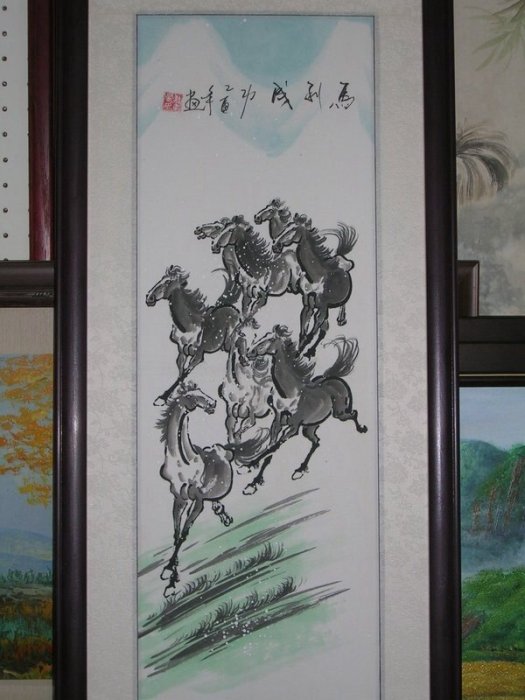 丁銘畫廊] 八駿馬- 馬到成功- 純手工畫- 國畫原作品- 尺寸特別- 含框裱