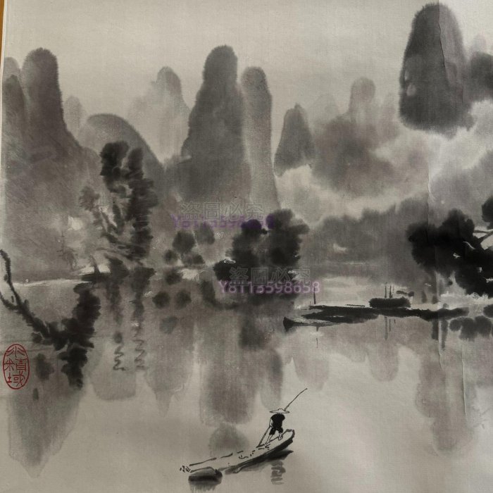徐悲鴻的漓江春雨榮寶齋木板水印原裝裱有標簽北方干燥地桿有輕微彎曲品