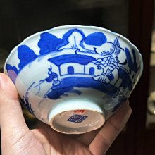 嚴選道光年間青花山水人物碗口徑14cm 花口造型青花自然發色老物件收藏