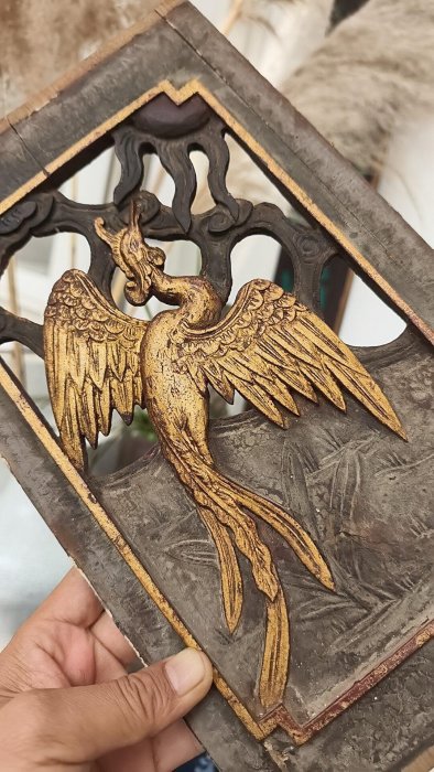 清代【有鳳來儀】木雕花板一片浮雕工藝老鎏金雕工精細美麗鳳凰生動活現
