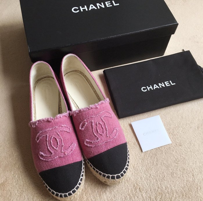 CHANEL真品 丹寧棉麻撞色 CC LOGO粉色 鉛筆鞋 草編鞋 漁夫鞋 附件齊全
