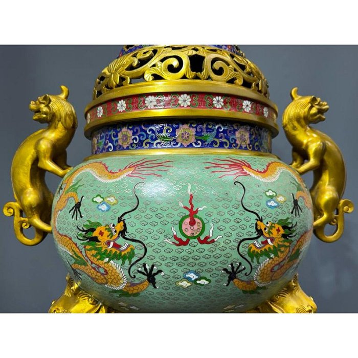 旧家蔵出 大型 希少旧蔵品 純銅製景泰藍香炉「金銭独角獣」／掐