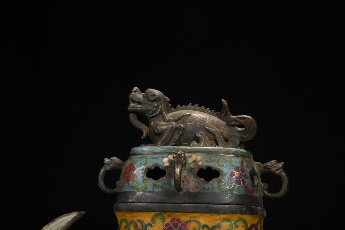 七宝焼 薫香炉 年代物 出土 銅胎景泰藍 琺瑯彩 神獣耳 香炉 大尺寸銅胎