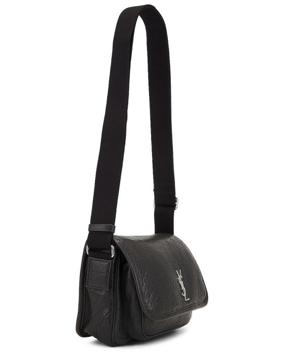 【YSL】SAINT LAURENT 專櫃經典款 NIKI系列銀色金屬LOGO粒面小羊皮翻蓋肩/斜背包郵差包 斜背包 (小款)