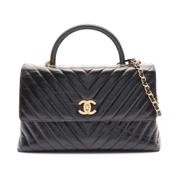 CHANEL 香奈兒 黑色 山形紋牛皮 Coco Handle Flap 兩用包 【二手名牌BRAND OFF】