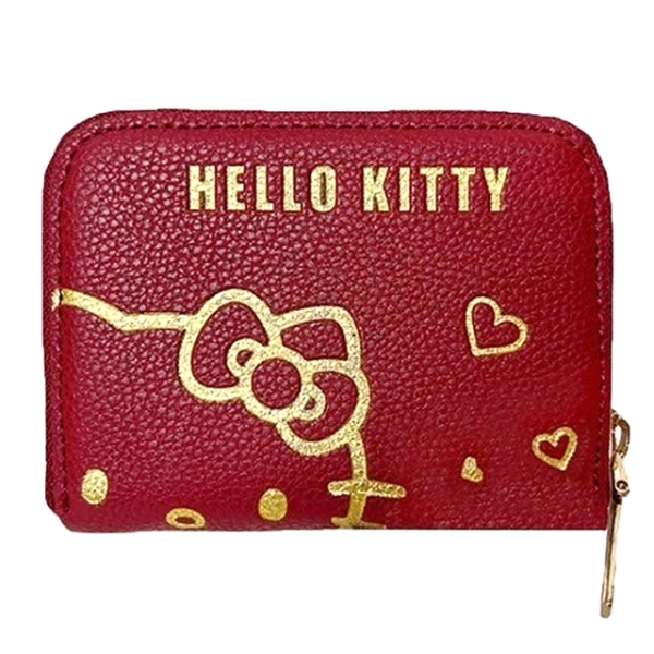 小禮堂 Hello Kitty 皮質拉鍊卡包 (紅燙金大臉款) 6718006-002211