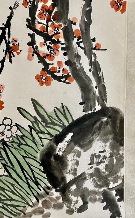 吳昌碩嚴選原裝裱掛幅，設色水墨紅梅水仙，典藏尺寸136×59cm 紙本深具
