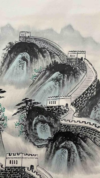 嚴選萬里長城山水畫，躍鳳親筆手繪古玩精品，紙本綾裱木軸，現貨直銷