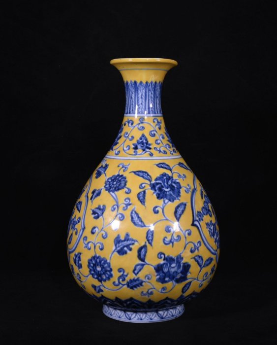 大明宣德年制黃釉青花玉壺春瓶，高31.5×19厘米??60017918禦窯、 青花