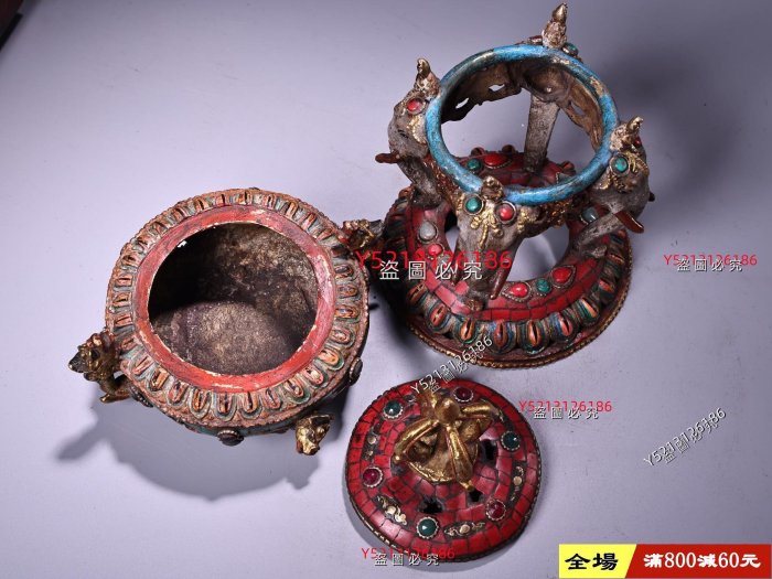 清代宮廷御藏罕見純銅鑲嵌寶石彩繪描金香爐工藝精湛款式精美配老紅木箱