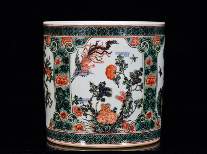 清康熙五彩花鳥紋筆筒18*19m350821 青花琺瑯彩五彩二手【古雲