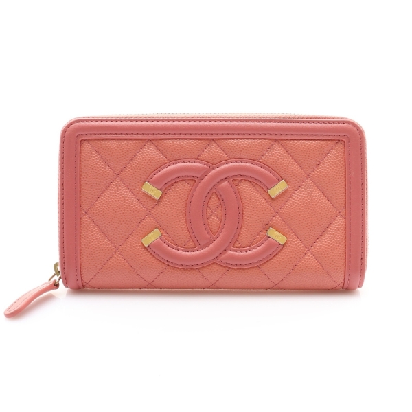 CHANEL 香奈兒 粉色 菱格紋 Filigree 拉鍊中夾 金扣 【二手名牌BRAND OFF】