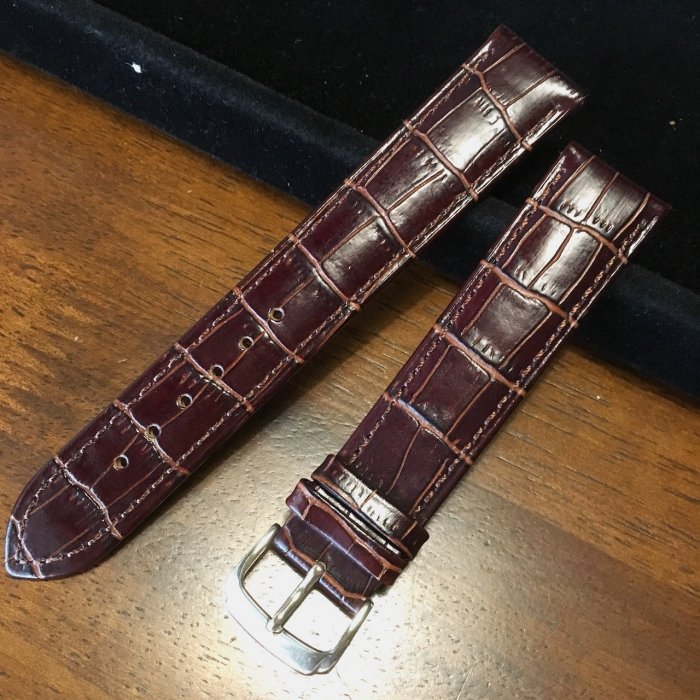 【錶帶家】『品質嚴選』加長錶帶 LIMA 義大利進口加長型真牛皮錶帶壓鱷魚紋亮面深咖啡色 22mm 20mm 18mm