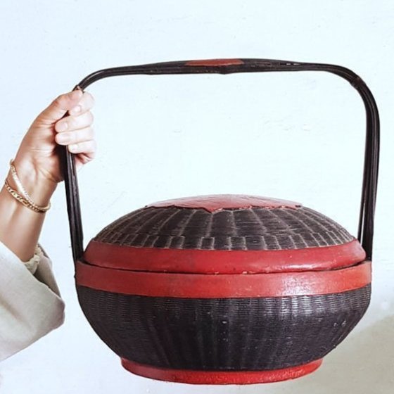 民国　朱漆竹编盒 朱漆竹編籃子客家謝籃老漆器中國民藝收納盒置物盒喜事嫁妝【心