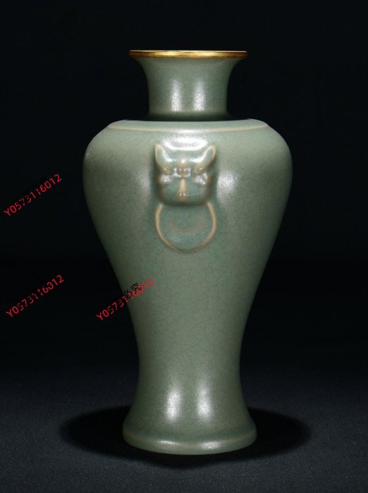 舊藏宋汝窯天青釉包金口虎頭瓶尺寸高22寬12.520xq87491古玩收藏擺件
