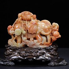 舊藏珍品????7500純手工雕刻壽山石童子大象擺件。《吉祥太平》名人雕