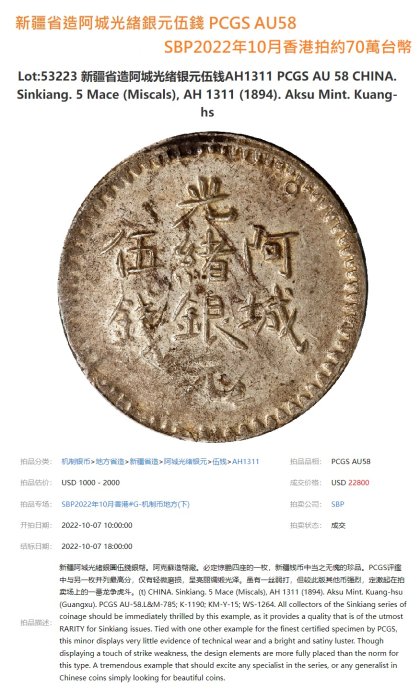 新疆省造阿城光緒銀元伍錢AH1311 PCGS VF92 低評稀少[認證編號