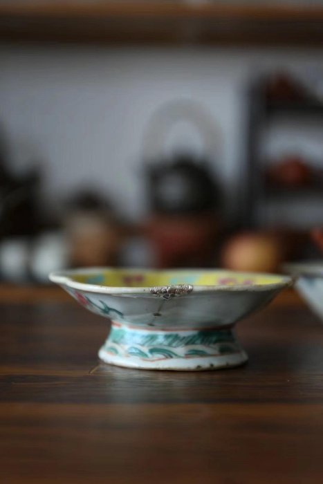 同治年制福壽紋壺承高足盤鋦瓷修復黃地粉彩粉彩瓷器五瓣花口嚴選同治福