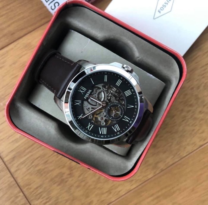FOSSIL Grant 黑色配銀色鏤空錶盤羅馬數字棕色皮革錶帶自動機械錶