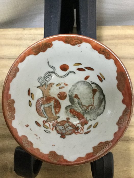 送料無料 明治～大正九谷焼　手描き松鶴紋杯台/盃台5客　完品無傷 送料無料 明治～大正九谷焼 手描き松鶴紋杯台/盃台5客 完