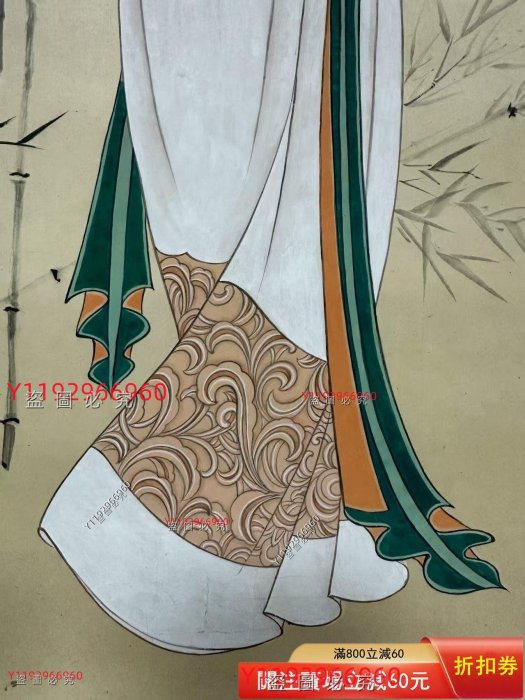 張大千仕女圖紙本手繪畫心尺寸53x42cm，工筆重彩，人物優雅，竹葉背景